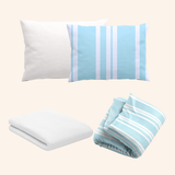 caribbean blue stripe bamboo bedding bundle styled on kids bed setup