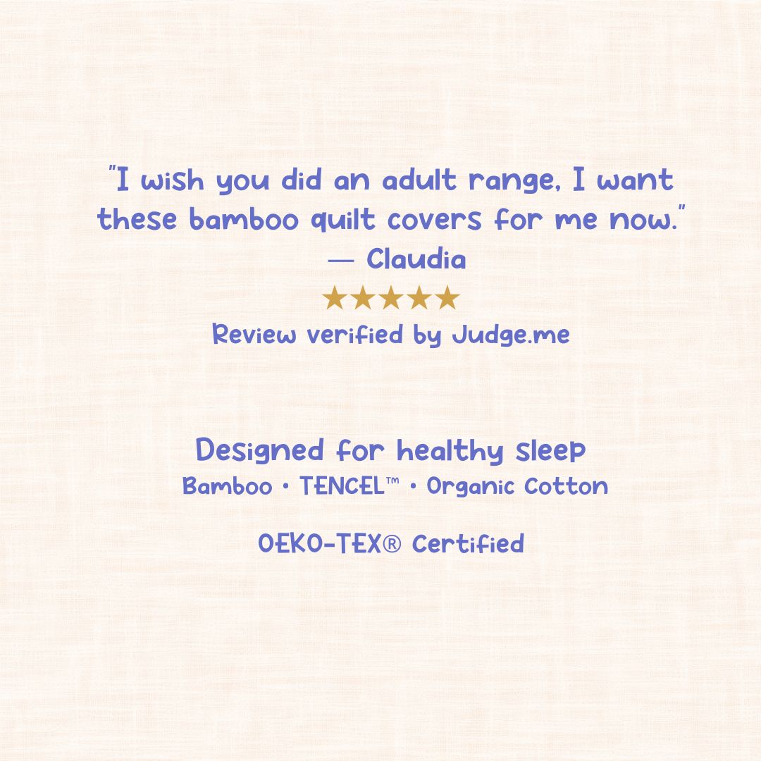 Text on a light background about bamboo quilt covers with a 5 star review ("I wish you did an adult range. I want these bamboo quilt covers for me now" - Claudia ) and certification information.