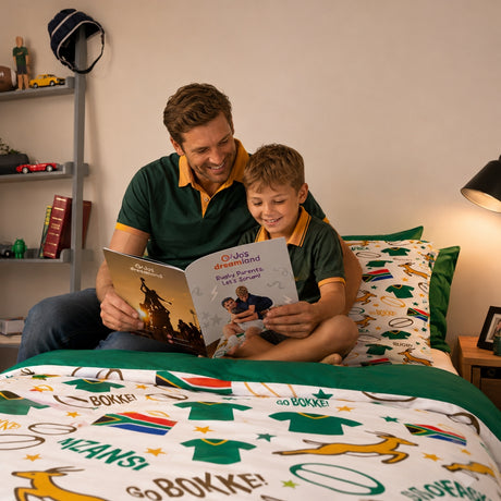 A man and a young boy sitting together on a bed, reading a rugby booklet. They are wearing matching dark green and yellow polo shirts, and the bed features a white duvet with green and yellow rugby-themed graphics and the word 'BOKKE'.