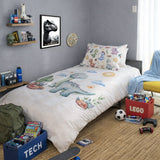 Children's bedroom with dinosaur-themed bedding and toys 