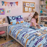 Child's bedroom with colorful bedding and decor, including a girl sitting on the bed writing.