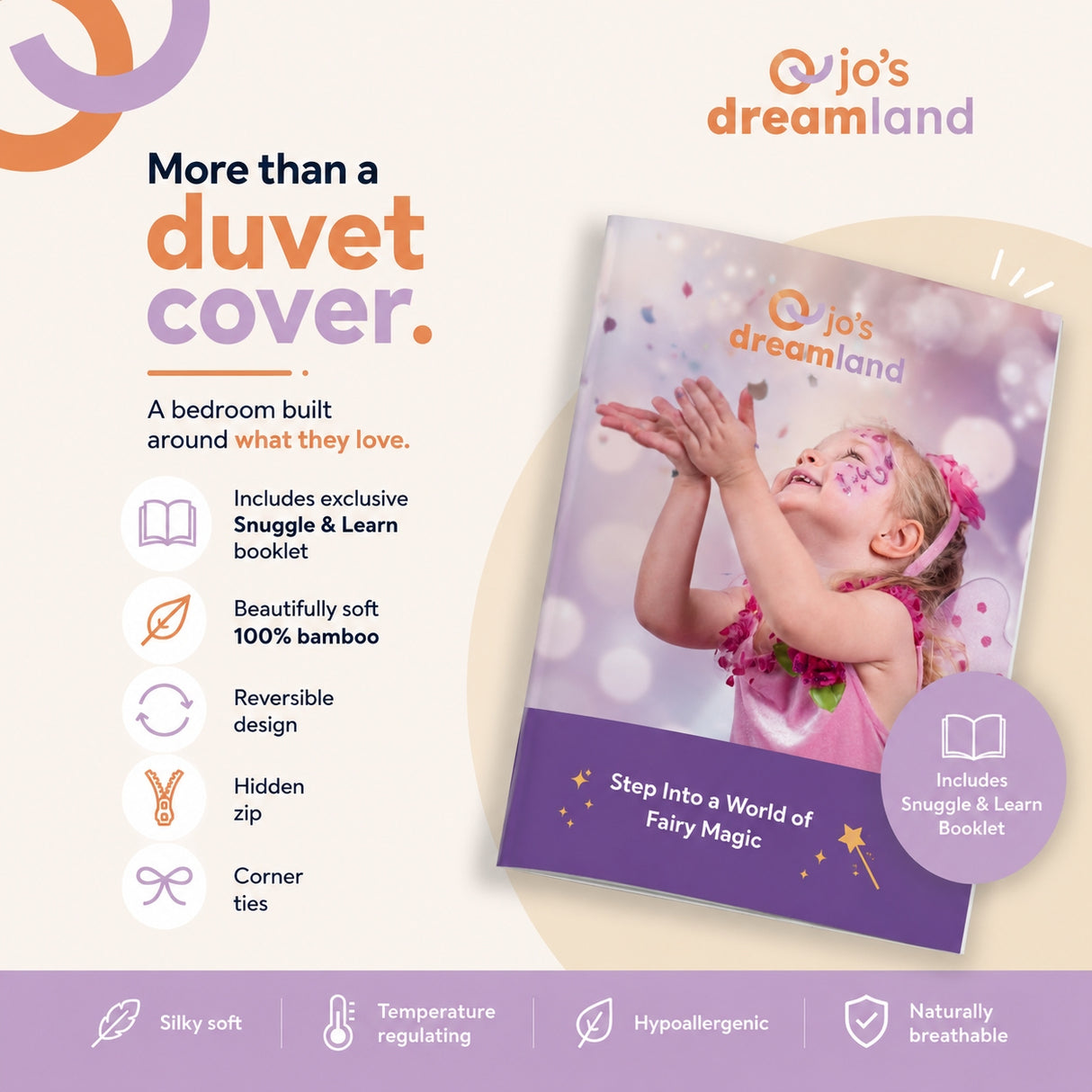 Promotional graphic for o's Dreamland duvet cover booklet, showing the product cover on a lavender-purple background with text highlighting features like a sleep booklet, bamboo fabric, reversible design, hidden zip, and corner ties.