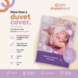 Promotional graphic for o's Dreamland duvet cover booklet, showing the product cover on a lavender-purple background with text highlighting features like a sleep booklet, bamboo fabric, reversible design, hidden zip, and corner ties.