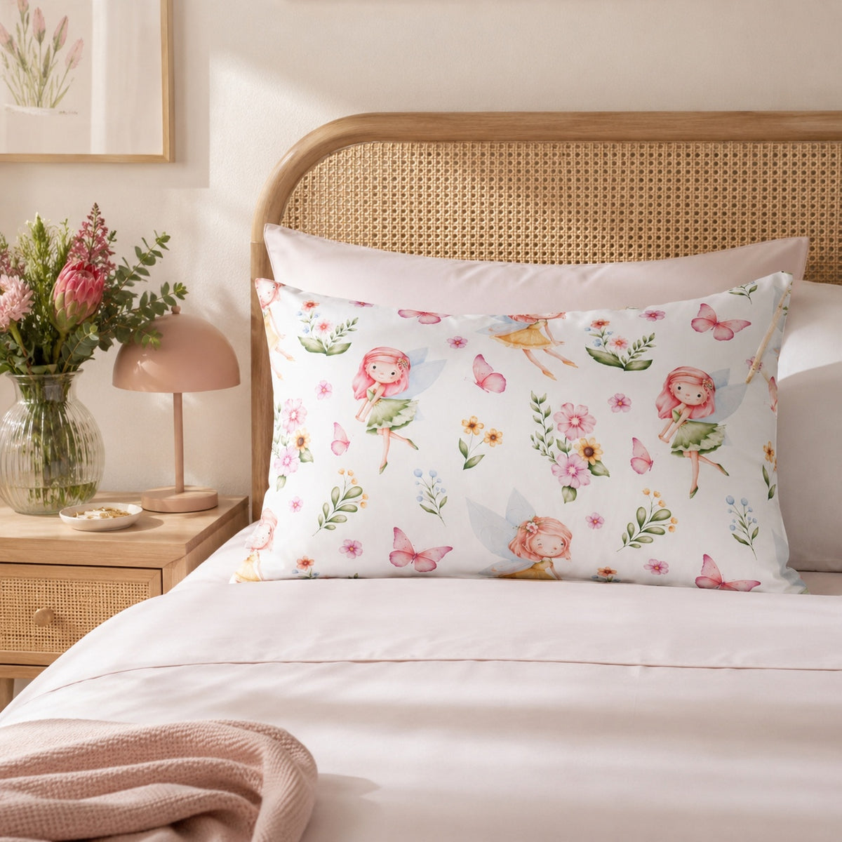 A standard kids pillowcase with a whimsical fairy and floral print, styled on a bed with white linens and a wooden cane headboard in a softly lit bedroom.