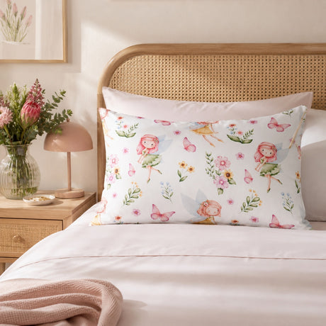 A standard kids pillowcase with a whimsical fairy and floral print, styled on a bed with white linens and a wooden cane headboard in a softly lit bedroom.