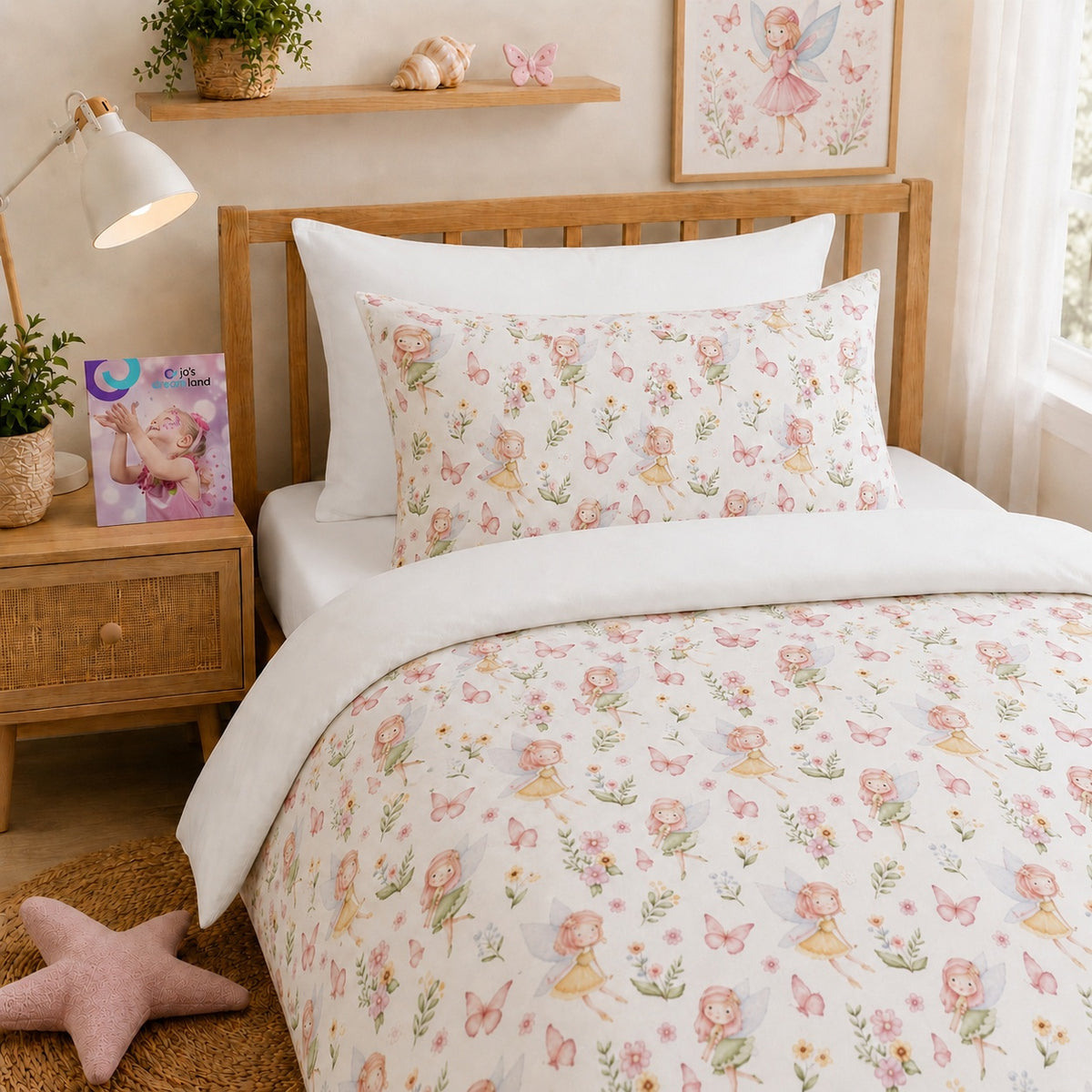 A neatly made bed in a softly styled bedroom, featuring a white duvet cover and matching pillow with a delicate pastel fairy and floral print. The room includes a wooden headboard, bedside table with a lamp and small plant, wall shelf decor, and framed artwork.