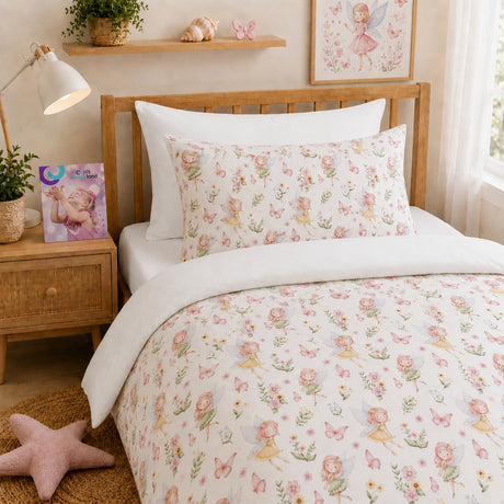 A neatly made bed in a softly styled bedroom, featuring a white duvet cover and matching pillow with a delicate pastel fairy and floral print. The room includes a wooden headboard, bedside table with a lamp and small plant, wall shelf decor, and framed artwork.