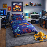 Gaming-themed bedroom with a gaming duvet cover set + gaming guide for teenagers styled on kids bed furniture and decor