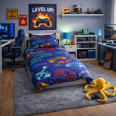 Gaming-themed bedroom with a gaming duvet cover set + gaming guide for teenagers styled on kids bed furniture and decor