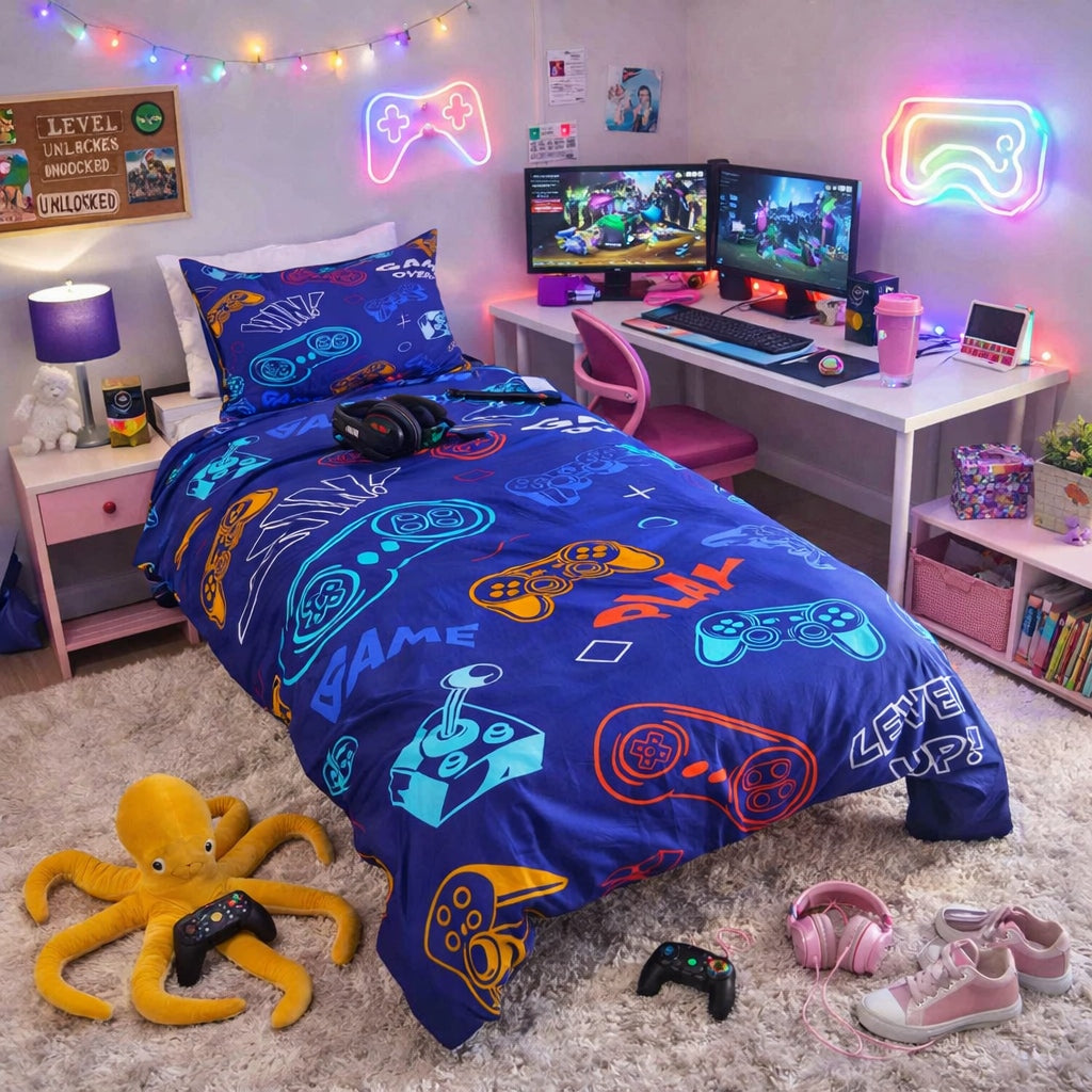 Gaming-themed bedroom with gaming setup, colorful gaming themed duvet cover set, and neon lights.