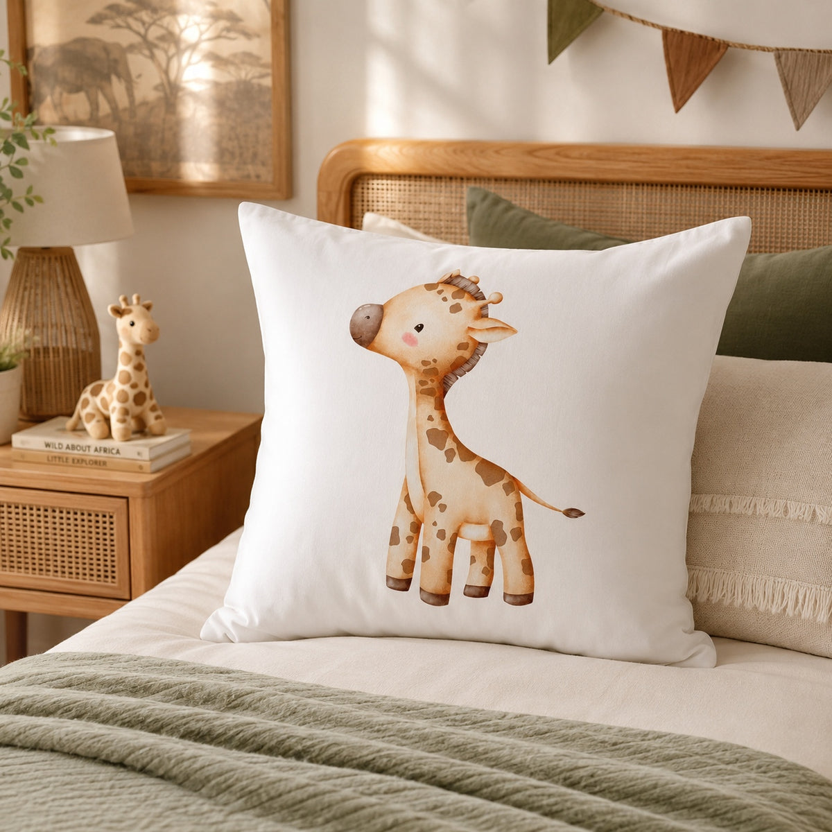 A white continental pillow featuring a watercolor-style brown giraffe illustration, styled on a bed in a warm, rustic bedroom setting.