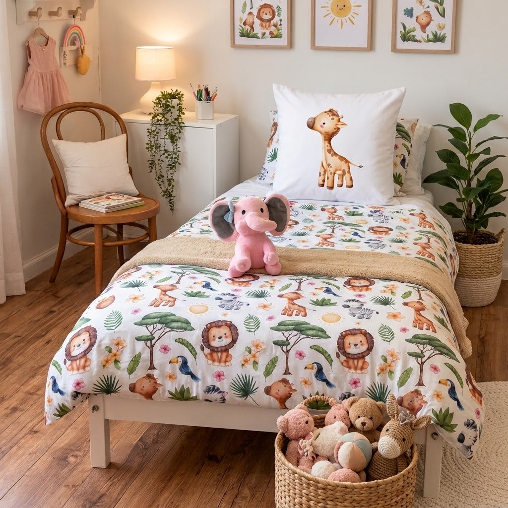 A children's bed styled in a bright nursery, featuring a white duvet cover and pillowcase set printed with colorful safari animals including lions, giraffes, toucans, and a pink elephant plush toy resting on top.