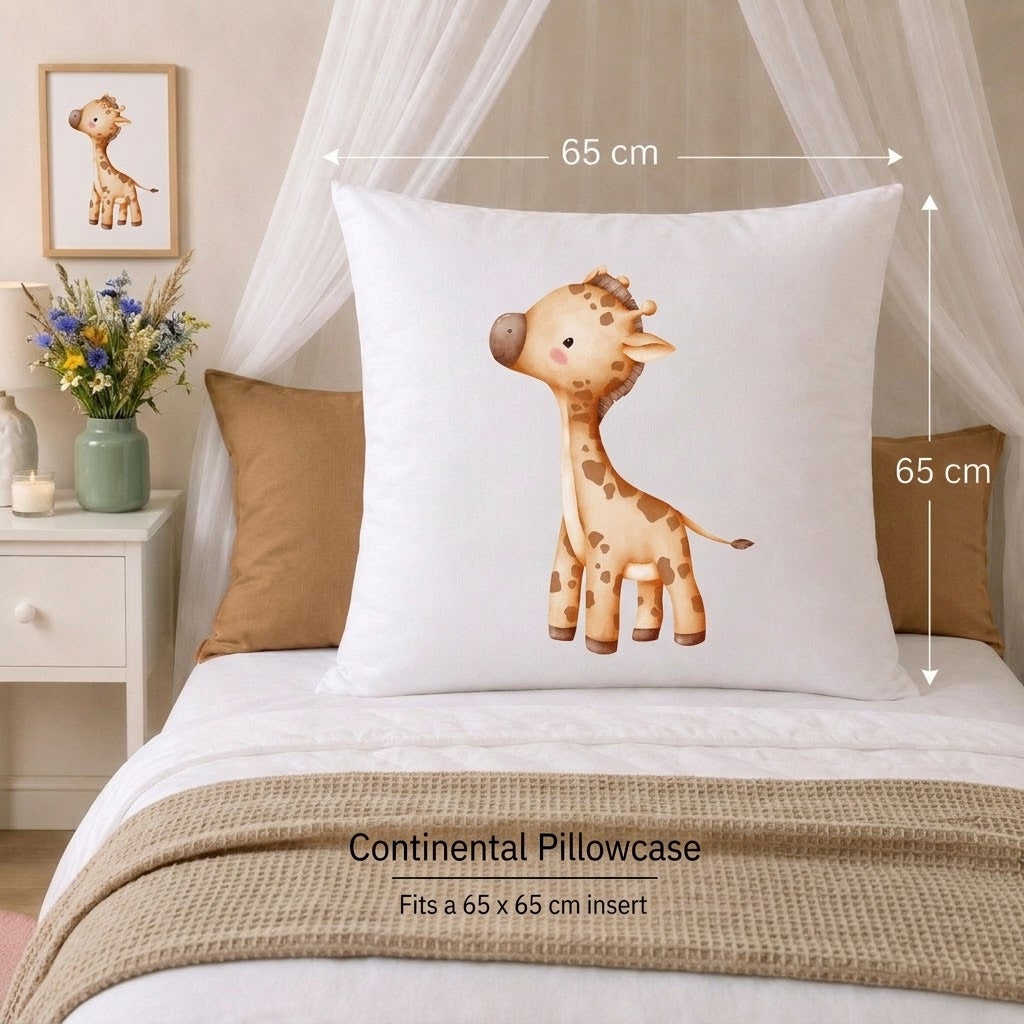 A white continental pillowcase featuring a cute cartoon giraffe design, displayed on a bed with dimension arrows indicating a 65 cm by 65 cm size. The scene is styled with a beige canopy, brown pillows, and a textured beige blanket.