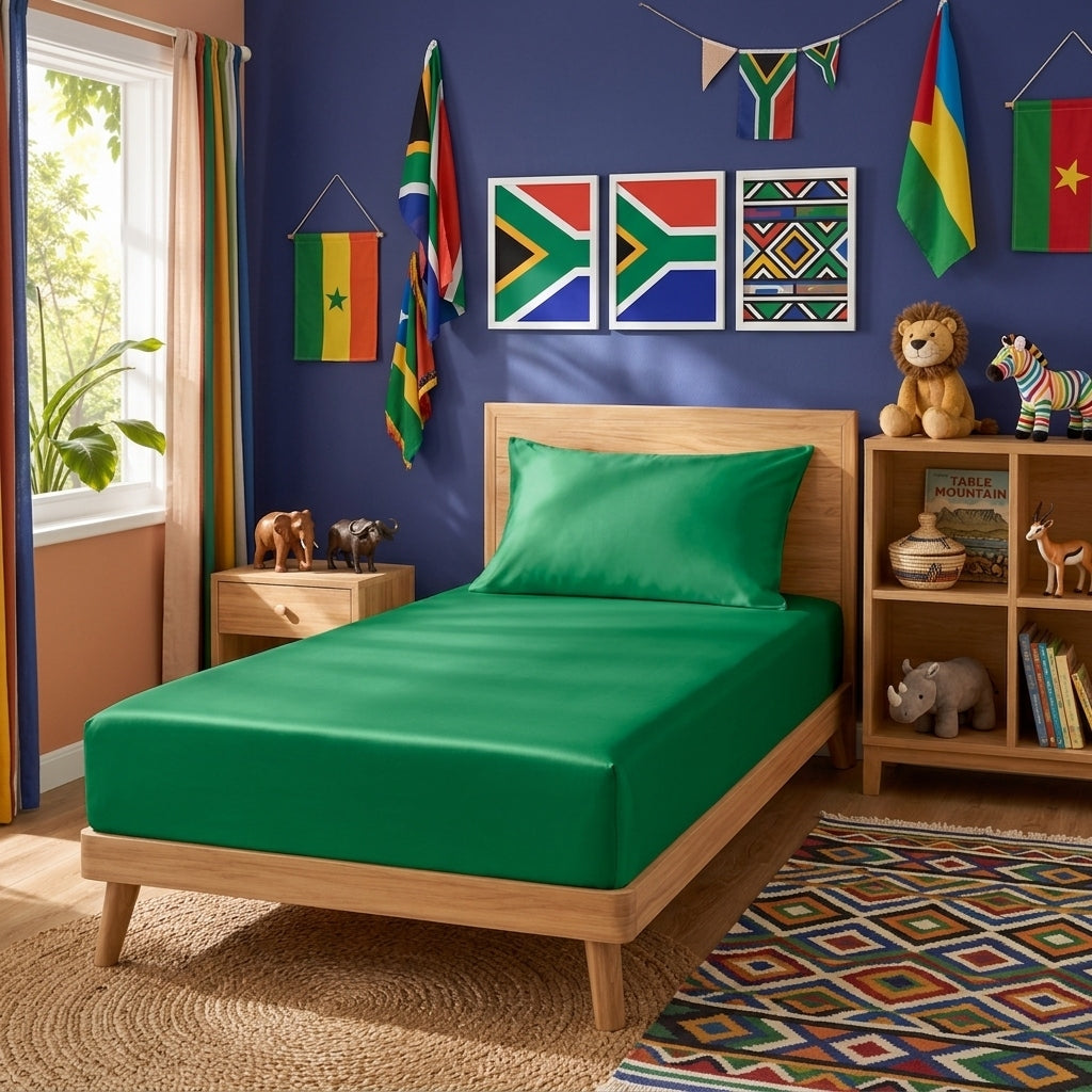 A twin bed dressed in a bright green fitted sheet and pillowcase, placed in a styled children's bedroom with blue walls, South African flag wall art, hanging flags, wooden furniture, and colorful decor.