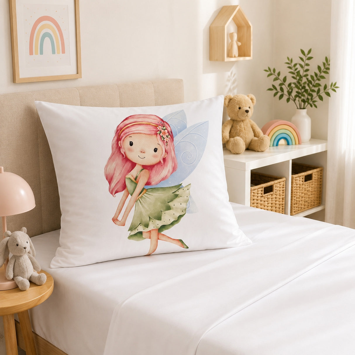 A white decorative  continental pillow featuring a colorful watercolor illustration of a fairy with pink hair and green wings, styled on a bed in a bright, cozy child's bedroom.