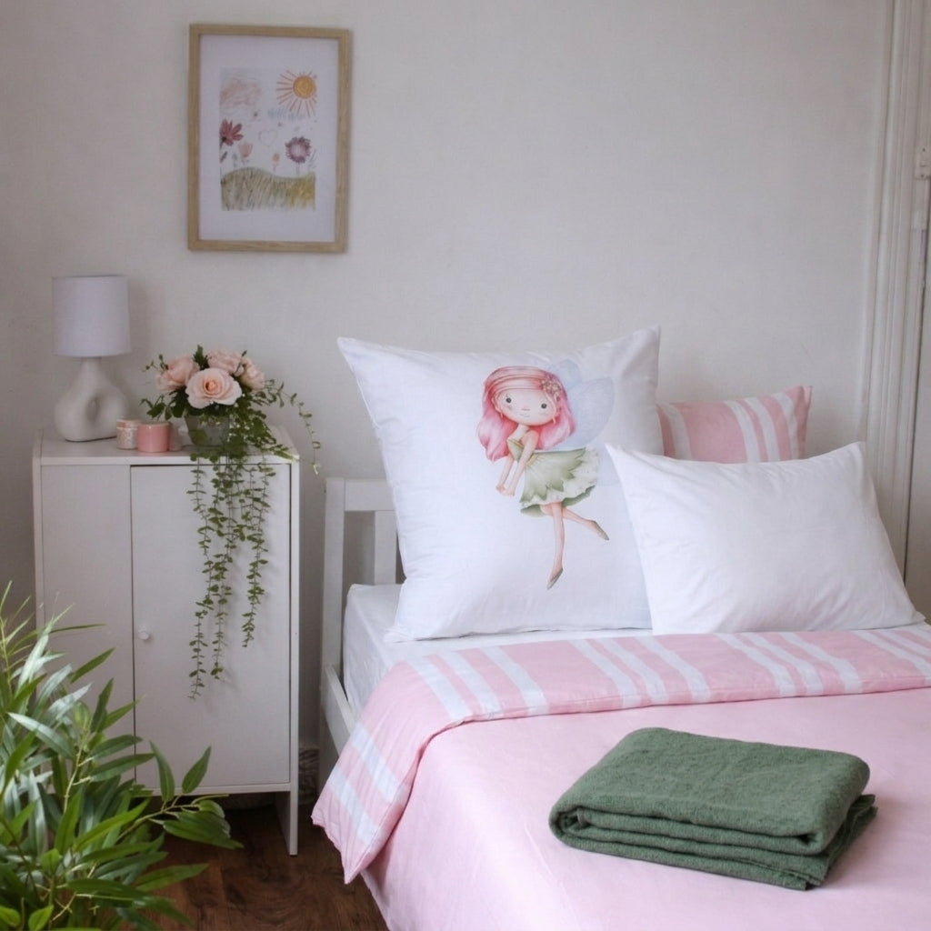 A styled bedroom scene showing a bed with pink and white striped bedding, a white pillow featuring a watercolor illustration of a fairy, a folded green blanket, a white nightstand with a lamp and flowers, and a framed floral print on the wall.