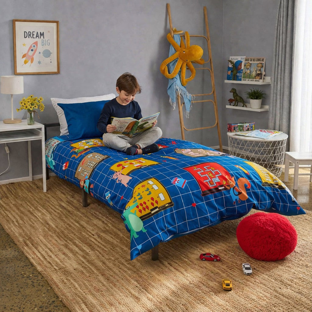 math adventure kids duvet cover set styled on kids bed setup