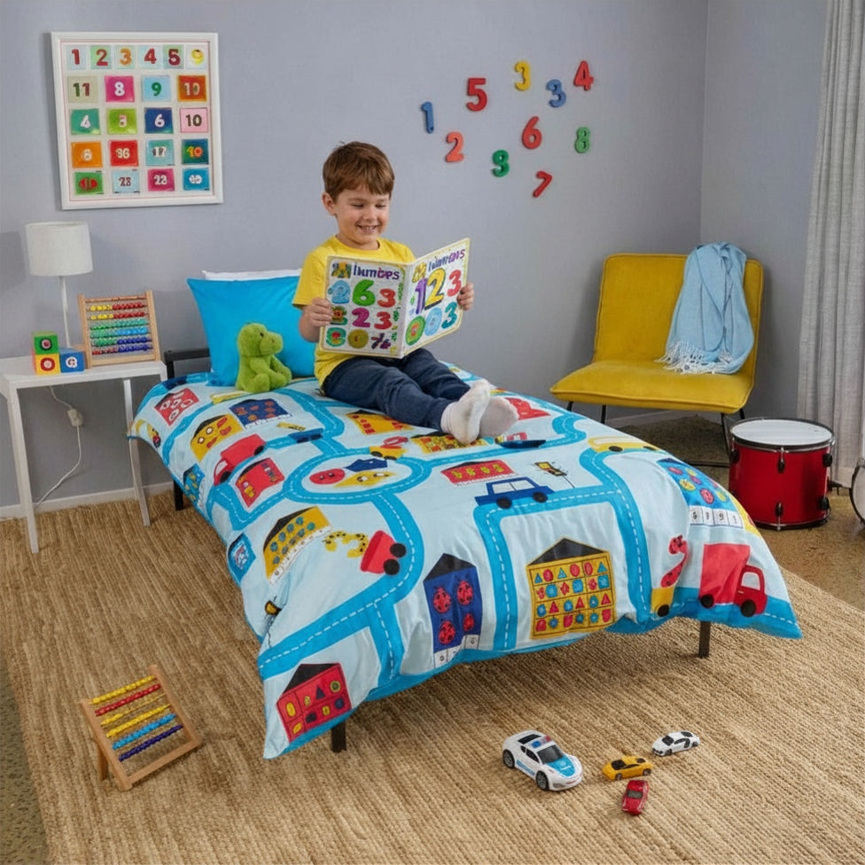 Close up detail of playful roads & toys math adventure duvet cover set
