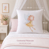 A large white Continental Pillowcase featuring a watercolor fairy illustration, shown on a bed with dimension markers indicating a 65 cm by 65 cm size. The scene includes a pink accent pillow, a bedside table with flowers, and soft white canopy drapes.
