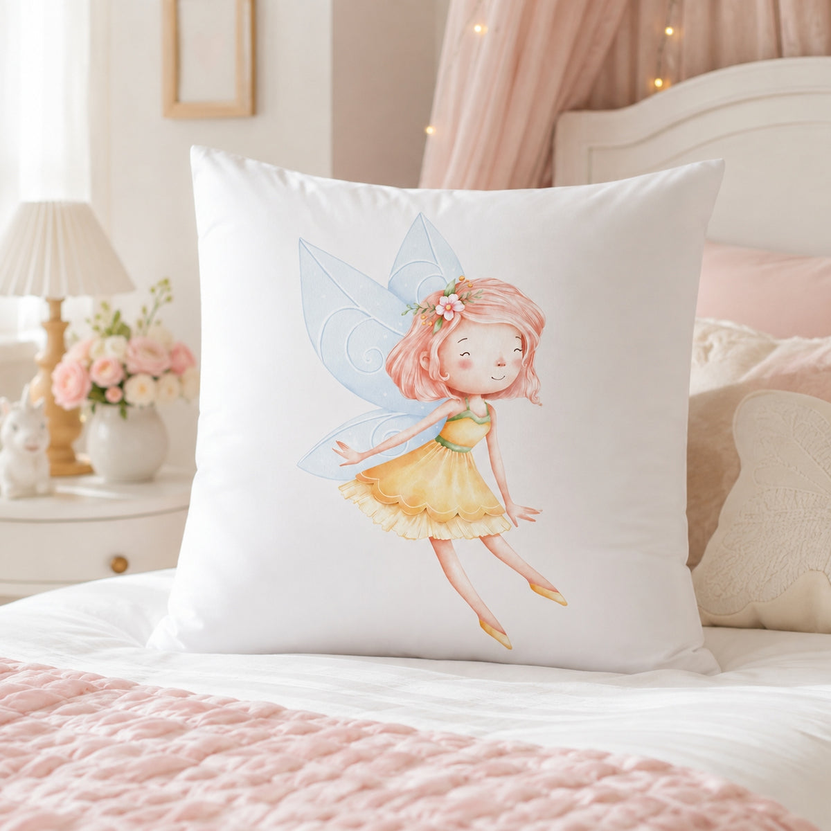 A continental white throw pillow featuring a watercolor illustration of a fairy with pink hair, a yellow dress, and light blue wings, styled on a bed in a soft pink bedroom setting.
