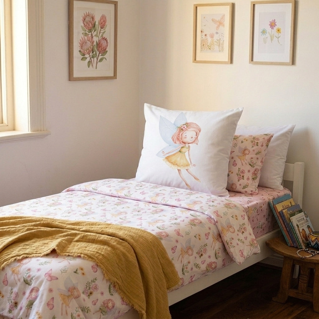 A children's bedding set styled on a single bed in a softly lit bedroom. The set includes a white duvet cover and matching pillowcases with a delicate pink, yellow, and green floral and fairy print, along with coordinating floral accent pillows. There is a continental pillow with a yellow fairy design on the bed.
