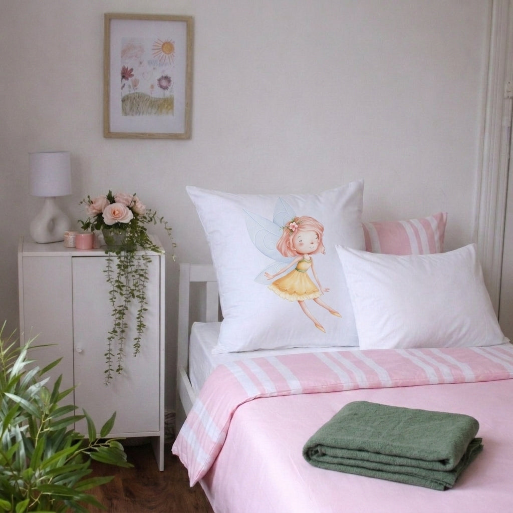 A styled bedroom scene with a bed made up in soft pink bedding, white pillows, and a large white continental pillow featuring a whimsical fairy illustration. A white nightstand with a lamp and flowers sits beside the bed, and a folded green blanket rests on the mattress.