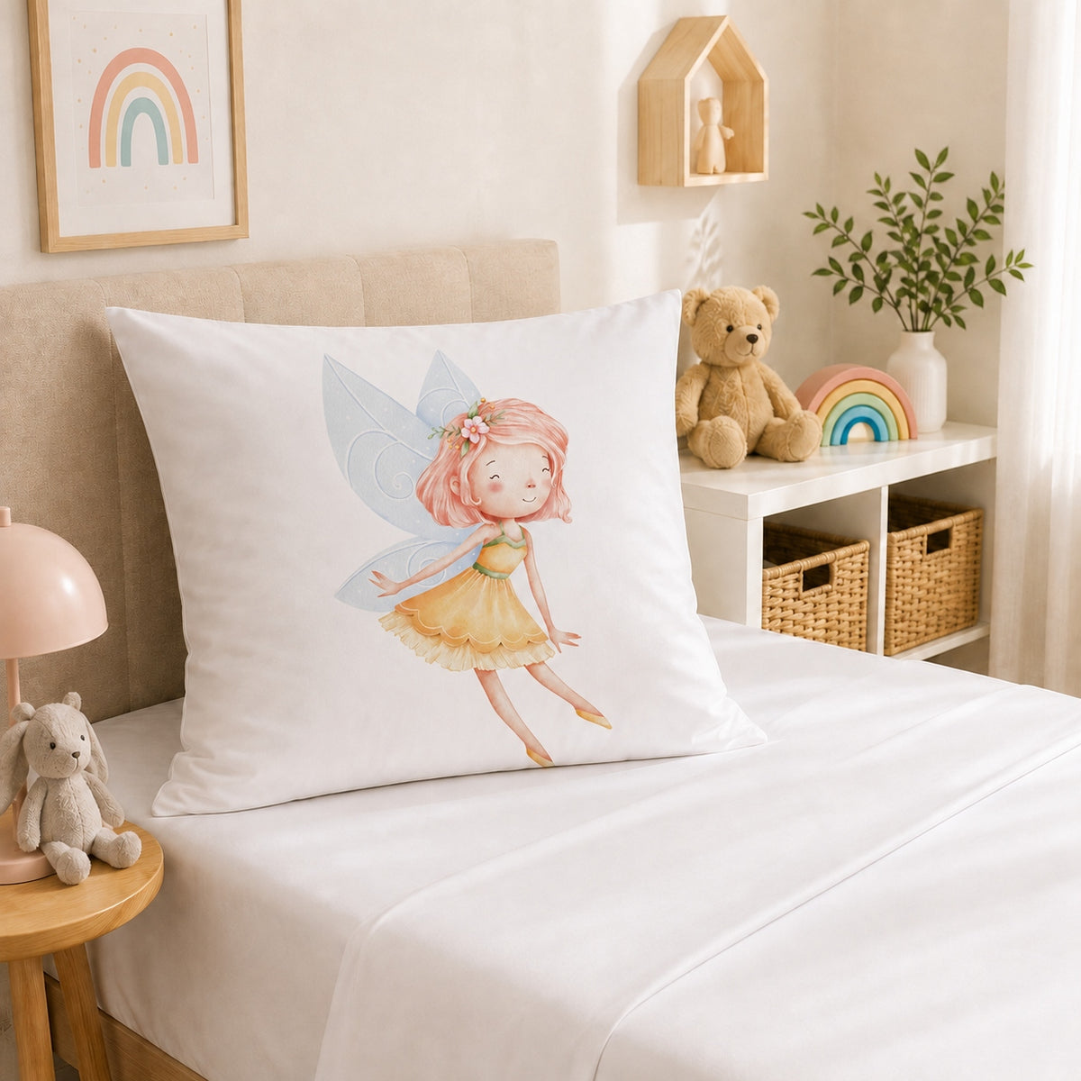A white continental pillowcase featuring a watercolor illustration of a fairy with pink hair and a yellow dress, displayed on a bed in a softly styled children's bedroom.