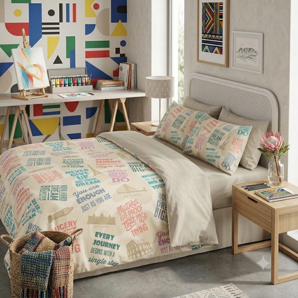 A beige bedding set with a colorful typographic motivational print is styled on a bed in a modern, brightly lit bedroom. The set includes a duvet cover and two matching pillowcases.