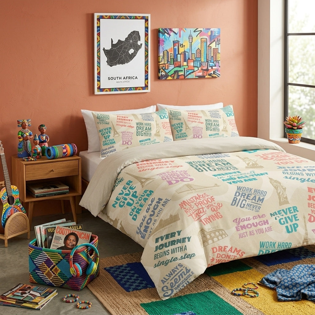 A bed dressed in a cream bedding set printed with colorful motivational text and travel-themed graphics, styled in a bedroom with peach walls, framed wall art, a wooden nightstand, and a window.