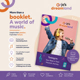 Promotional graphic for Jo's Dreamland music booklet, showing a stylized booklet cover with a photo of a child singing into a microphone, alongside marketing text and feature icons on a beige background.