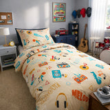 Bedroom with kids music duvet cover set and decor  styled on kids bed setup