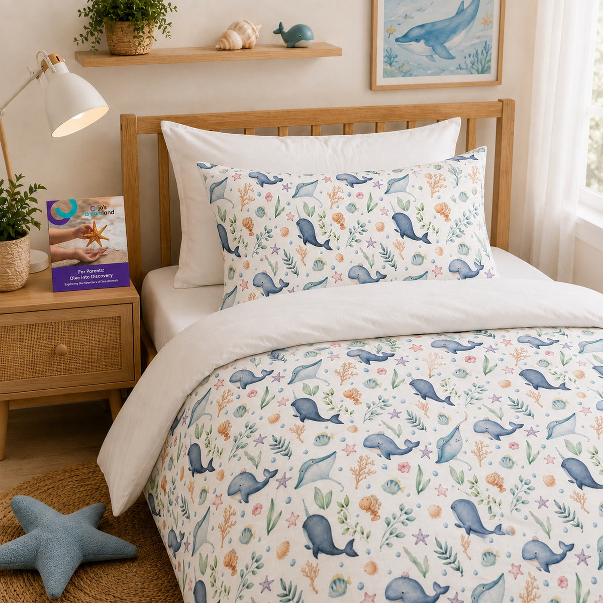 A bed dressed in a white kids bedding set with a colorful ocean-themed print featuring blue whales, sea plants, and starfish, styled in a warm, sunlit bedroom with a wooden headboard, bedside lamp, and framed artwork.