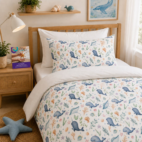 A bed dressed in a white kids bedding set with a colorful ocean-themed print featuring blue whales, sea plants, and starfish, styled in a warm, sunlit bedroom with a wooden headboard, bedside lamp, and framed artwork.