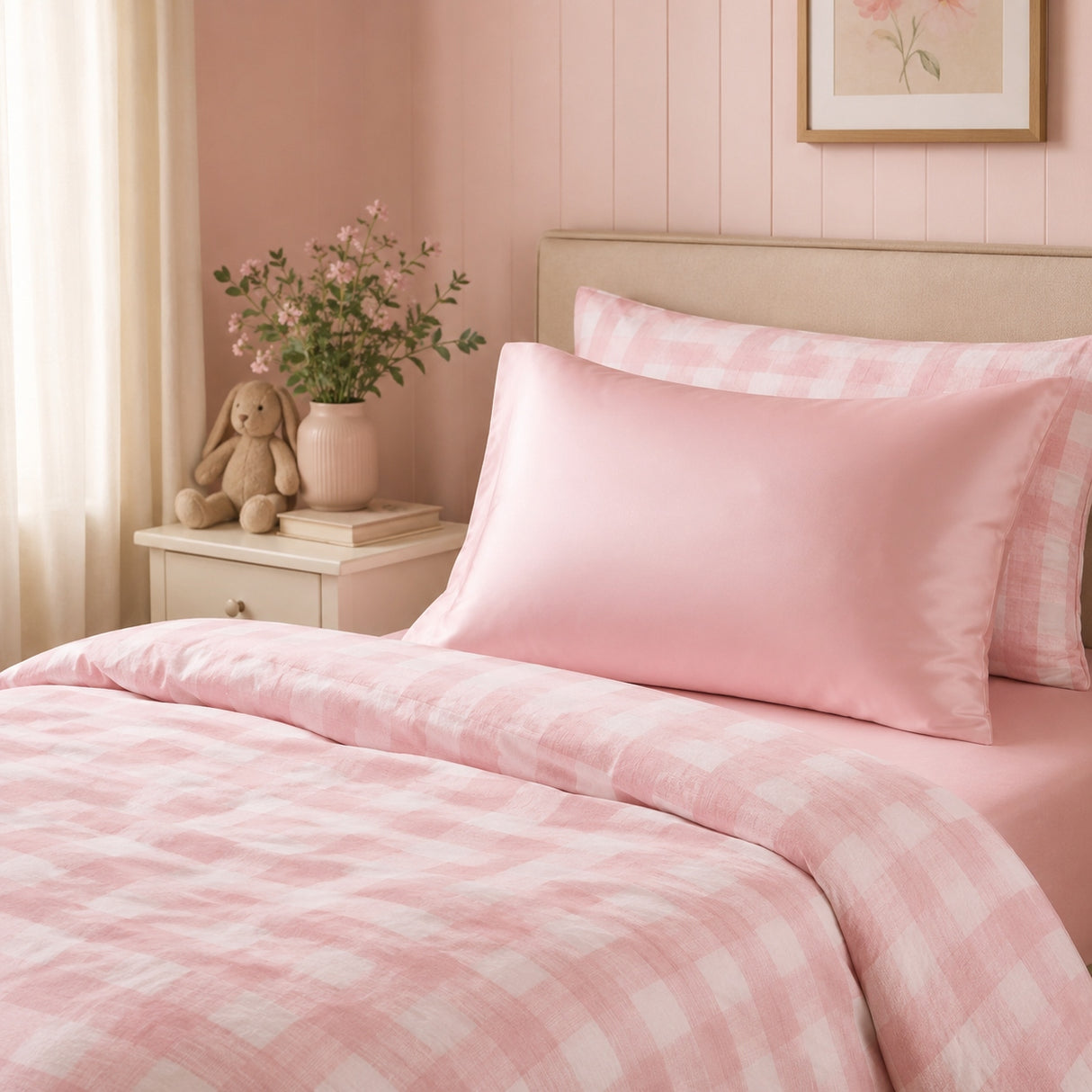 A bed made with abamboo pink and white duvet set with matching pink fitted sheet and pillow.