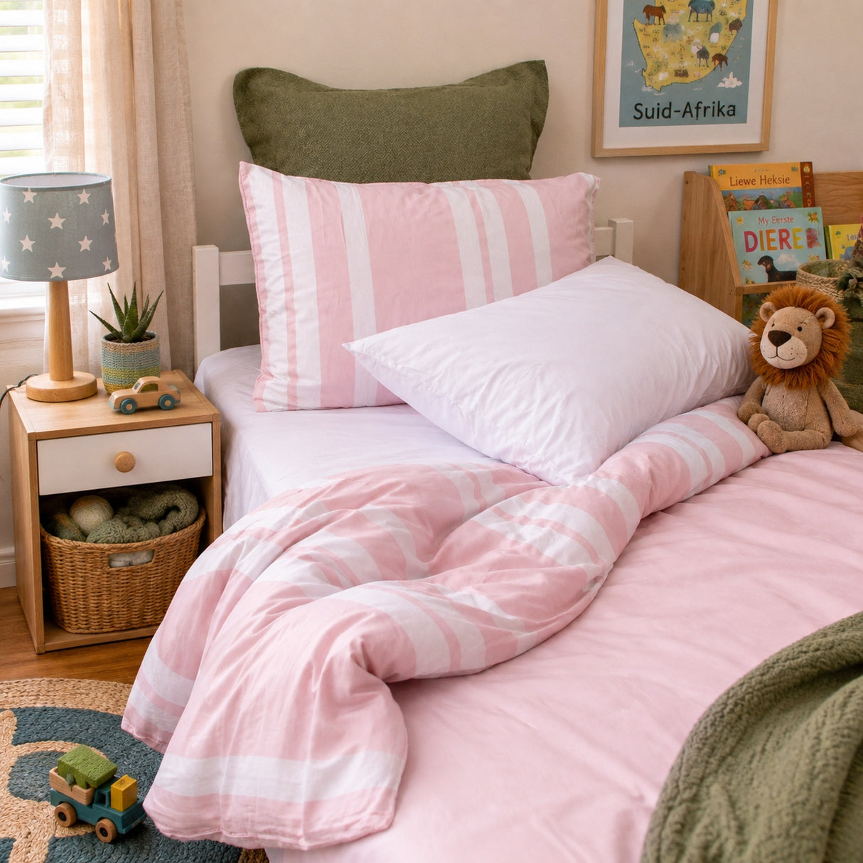 A children's bed in a bright bedroom, featuring a pink and white striped duvet cover, matching pillow shams, a white pillow, and an olive green back pillow. The bed is styled with a wooden nightstand, a star-patterned lamp, a small potted plant, and a teddy bear.