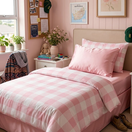 A neatly made bed in a pink bedroom featuring a pink and white gingham plaid kids bedding set with a solid pink pillowcase. The room includes a beige headboard, a white nightstand with books and a vase of flowers, potted plants on the windowsill, and a cork board on the wall.