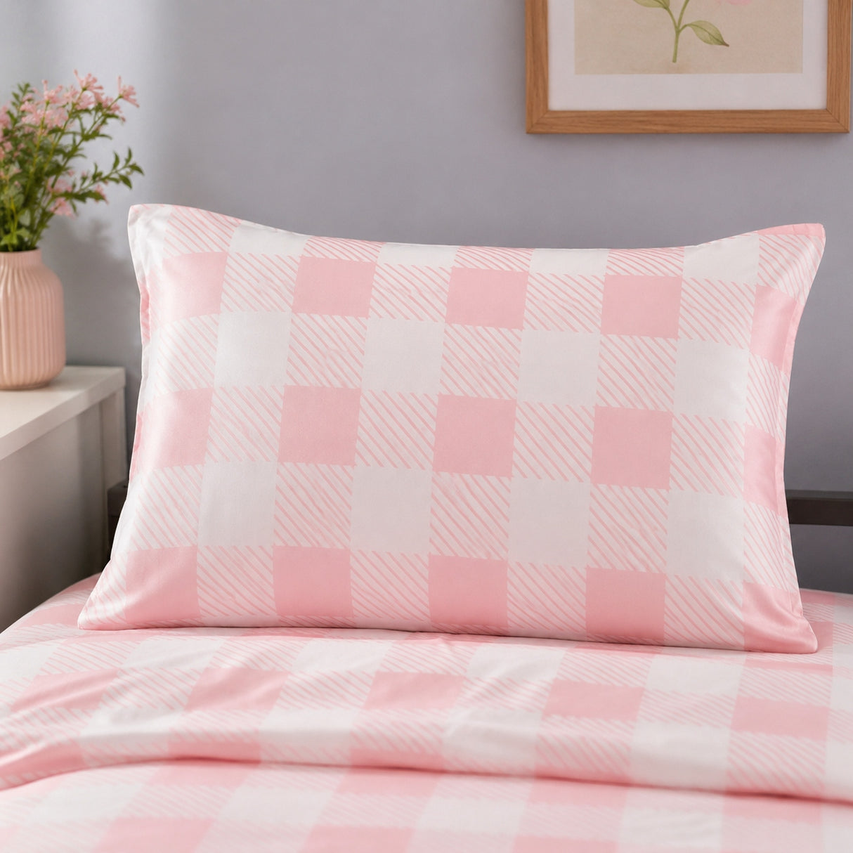 Rose Quartz Pink & White Check Bamboo Pillowcase