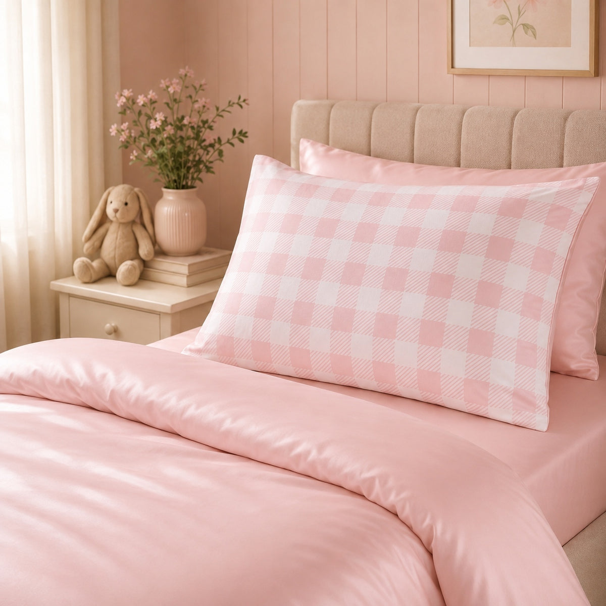 Rose Quartz Pink & White Check Bamboo Pillowcase