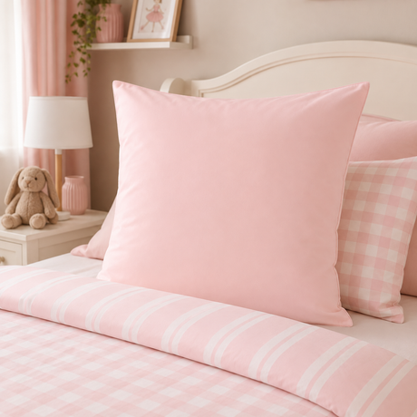A pink bedding set styled on a bed, featuring a solid light pink continental pillowcase, a pink and white gingham accent pillow, and a pink and white striped duvet cover, set in a soft pink bedroom.