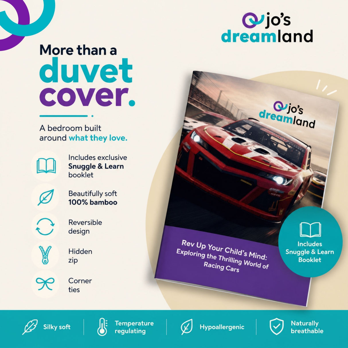 Promotional graphic for Jojo's Dreamland duvet cover, showing the product packaging/cover design on the right and feature callouts on the left on a light beige background with teal accents.