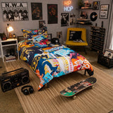 Room with colourful hip-hop themed bedding, skateboard, and music equipment with 'N.W.A.' and 'Hip Hop' theme.
