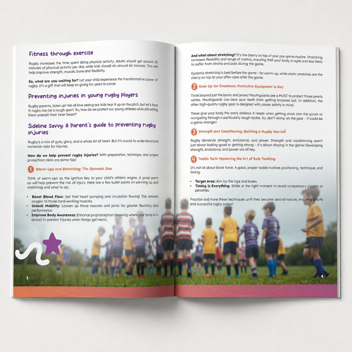 An open printed rugby booklet showing two interior pages with rugby-related text, headings, bullet points, and small illustrations, photographed against a dark background.