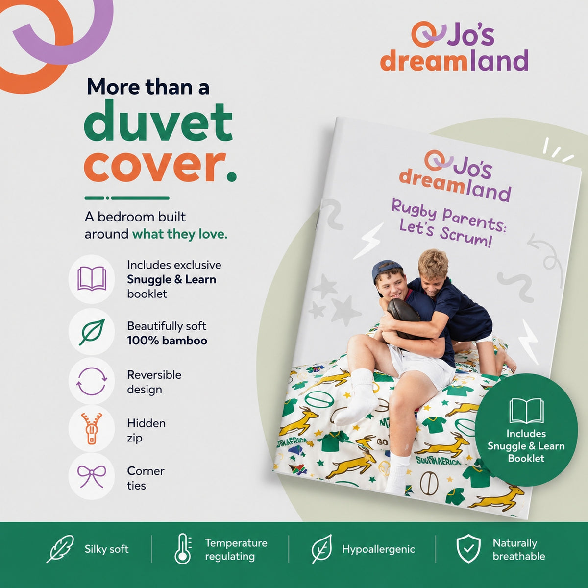 Promotional graphic for JoJo's Dreamland duvet cover featuring the rugby booklet cover design, marketing text, and feature icons on a light gray background.