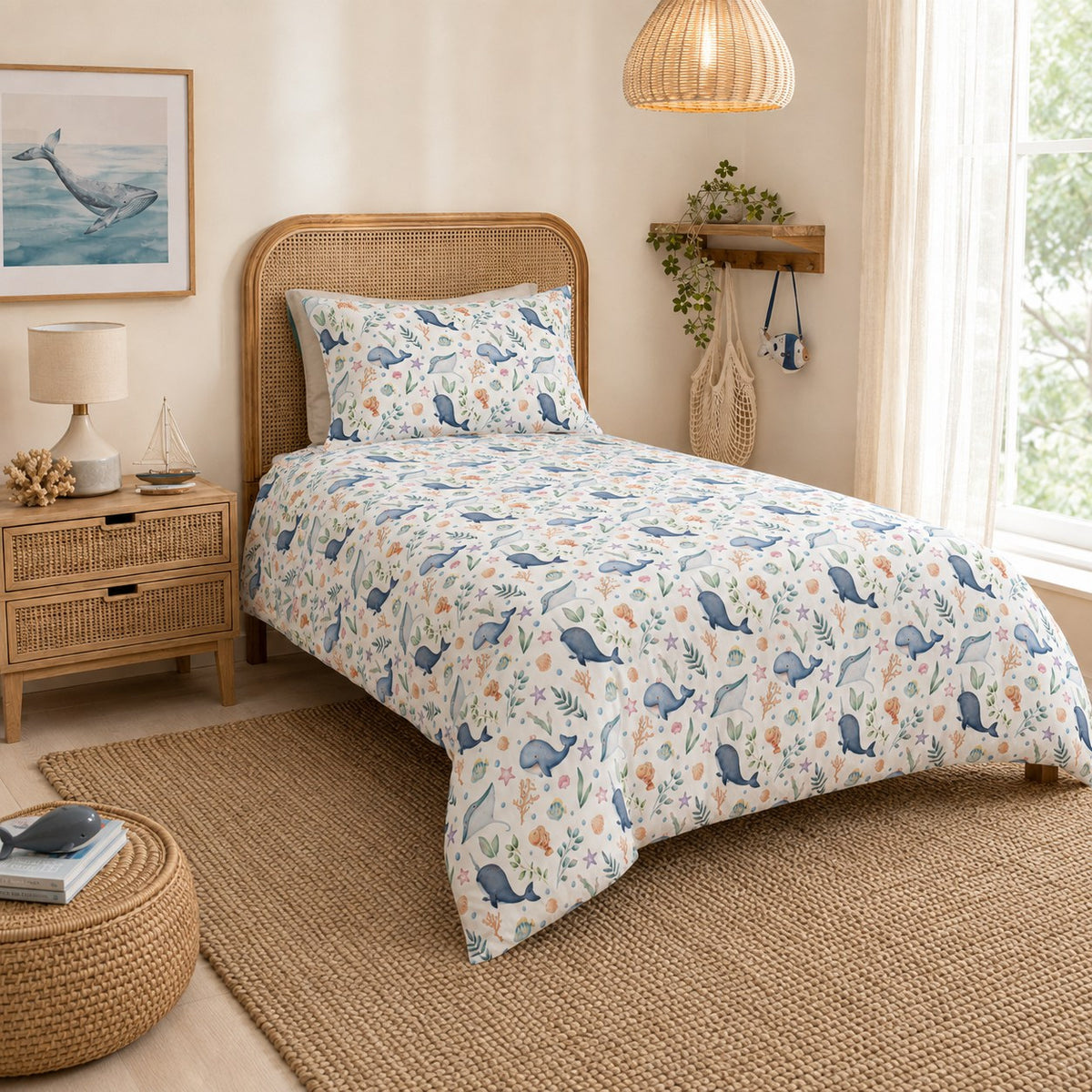 A single bed dressed in a kid's white duvet cover and pillowcase set featuring a blue whale and orange coral print, styled in a warm, sunlit bedroom with a rattan headboard, woven rug, and bedside table.