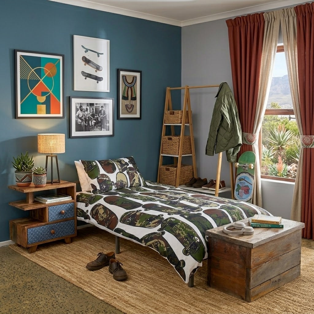 A styled bedroom scene featuring a bed dressed in a white duvet cover and pillowcase set printed with a green camouflage-style skateboard pattern. The room has a blue wall, framed art, a wooden nightstand, a rustic chest, and a window with red curtains.