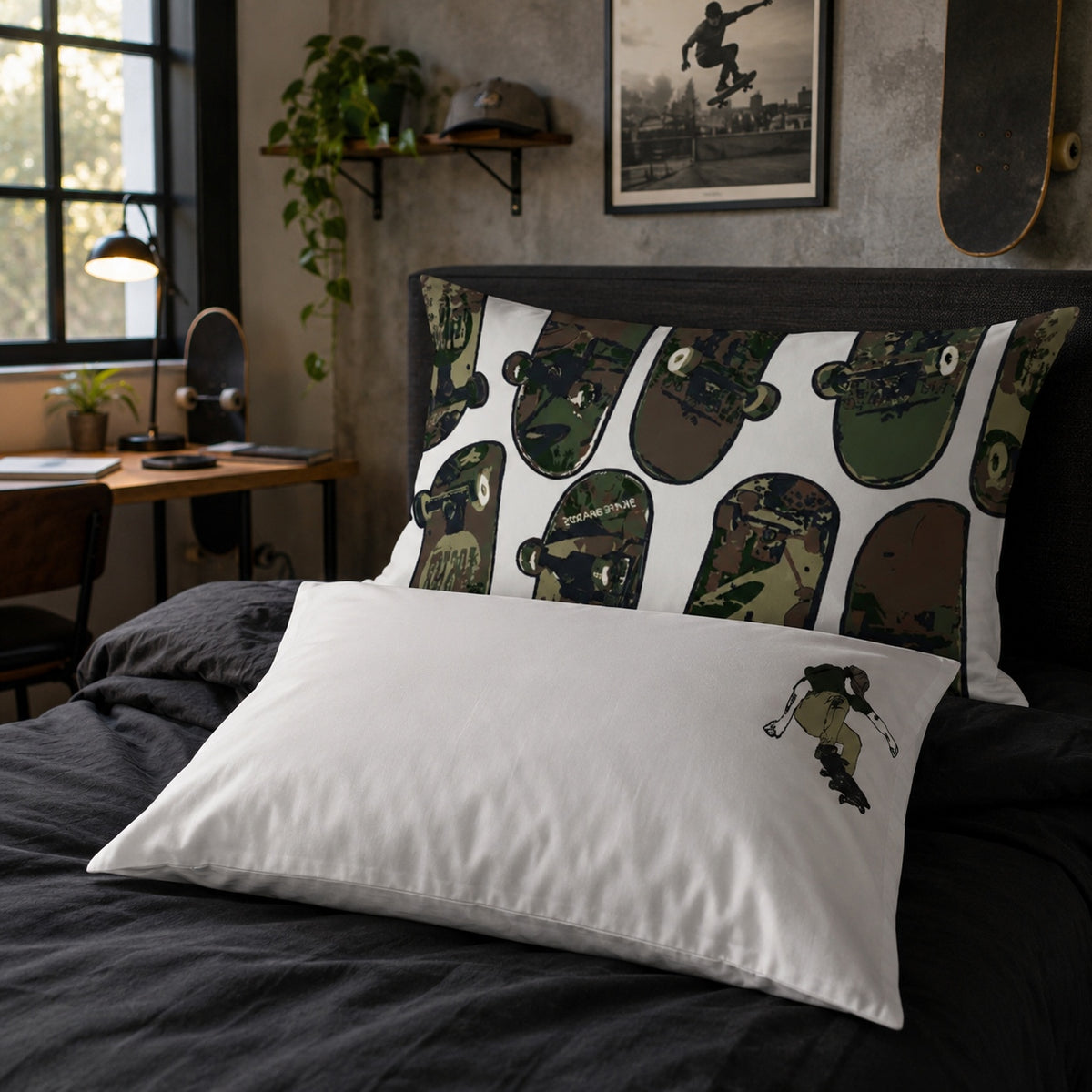 Teenage bedroom with a pillowcase with a camo coloured skateboards pattern and another pillow on the bed with a white pillowcase with a skateboarder in the right hand side upper corner.