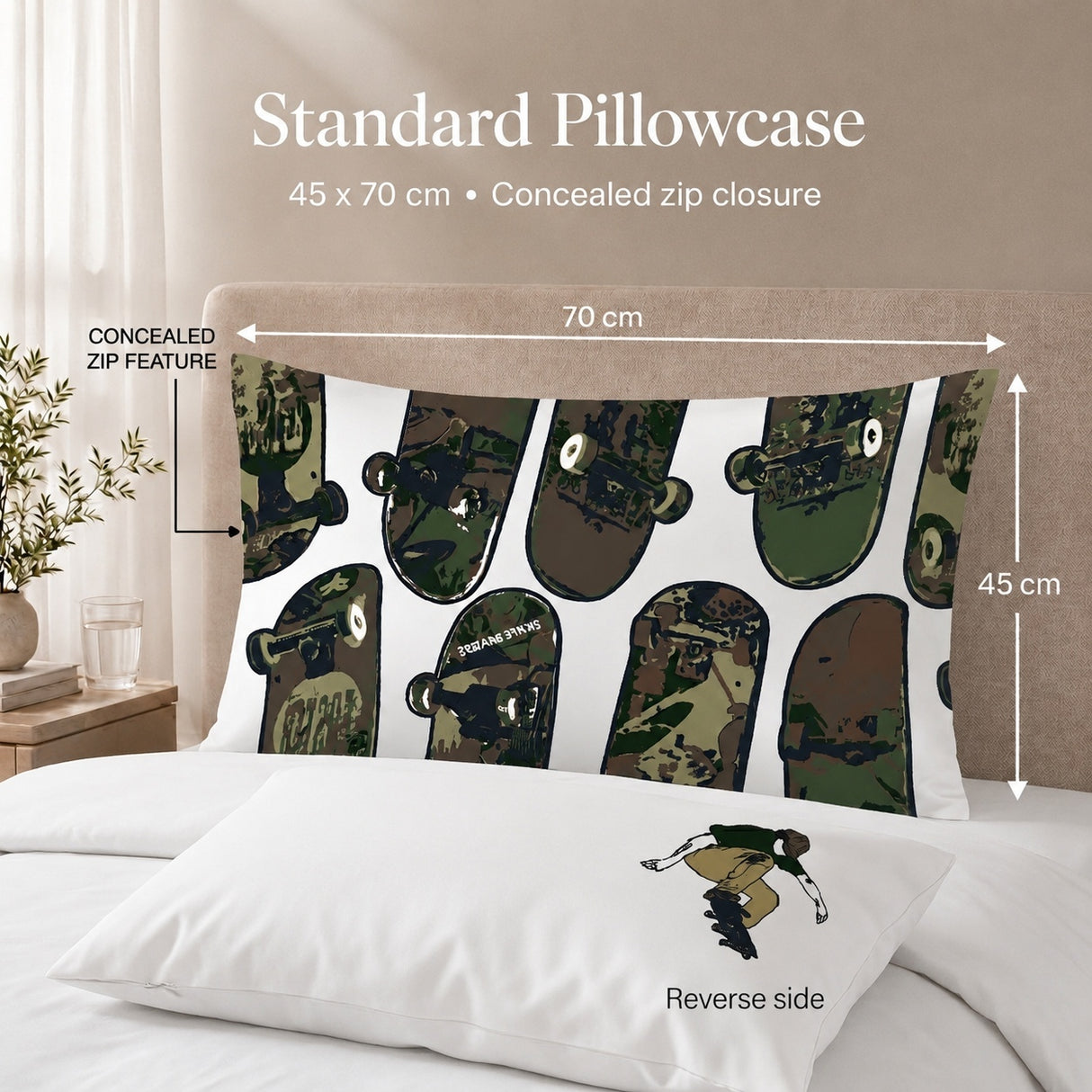 A standard skateboarding themed pillowcase shown on a bed in a bedroom setting, with overlaid dimension labels indicating 70 cm by 45 cm. The pillowcase features a repeating skateboard print in camouflage and olive tones on a white base.