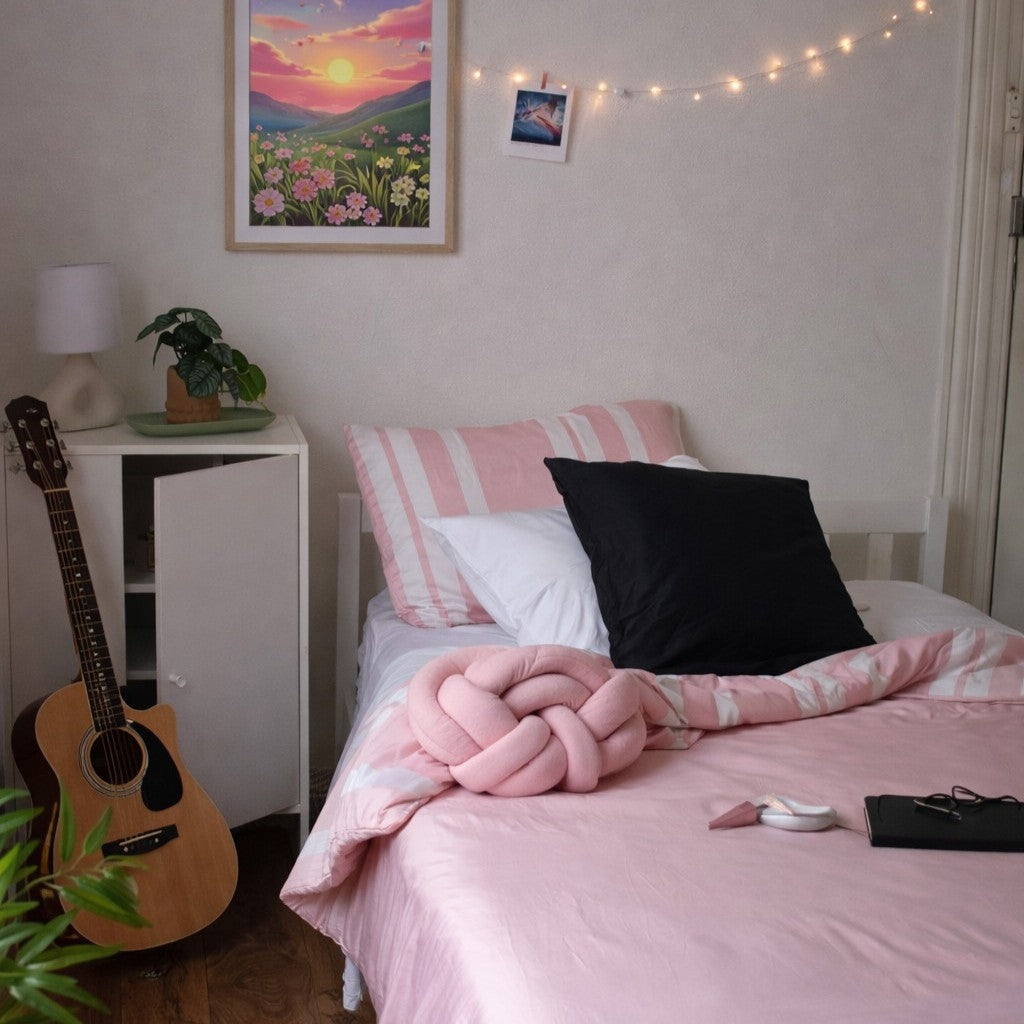 A cozy bedroom scene with a bed made up in pink bedding and pillows, including a pink striped pillowcase and a black accent pillow. A pink knitted throw blanket is draped across the foot of the bed.