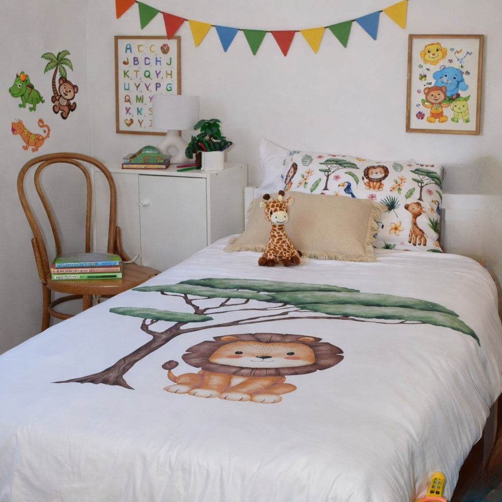 A children's bedroom scene showing a bed made up with a white duvet cover printed with a cartoon lion and green tree, plus matching animal-print pillows and a giraffe plush toy. The room includes wall decals, framed animal artwork, a small cabinet, chair, and colorful bunting.