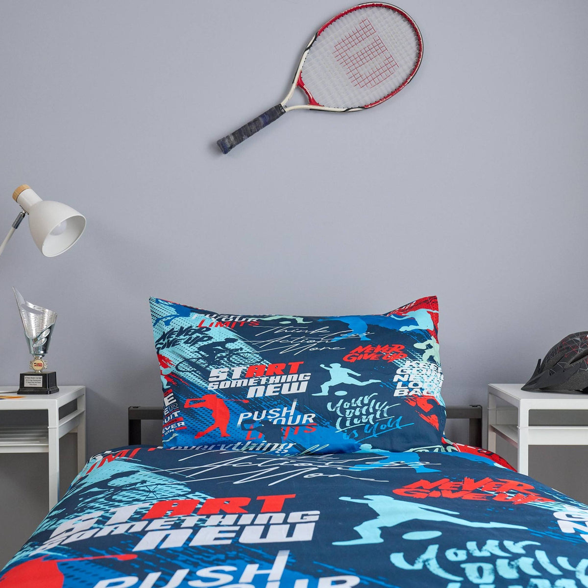 Sports-themed bedding set with a racket on a gray wall